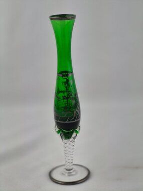 Vintage Italian Bud Vase Emerald Green Silver Overlay Pattern Hand Blown